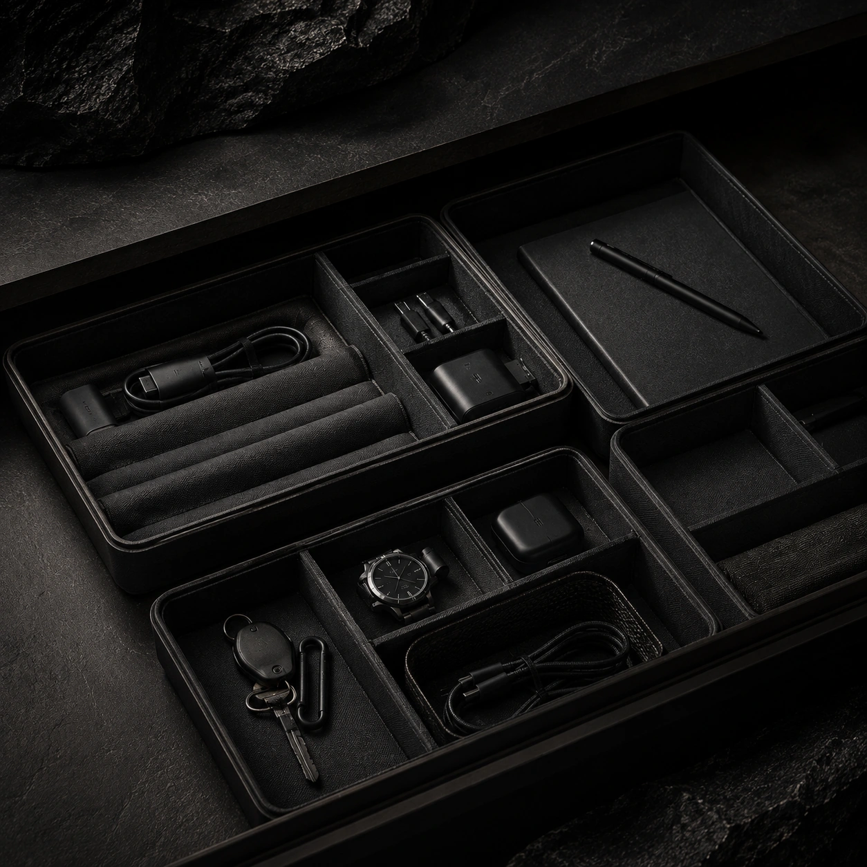 NETJAM everyday organization products in a dark editorial setting